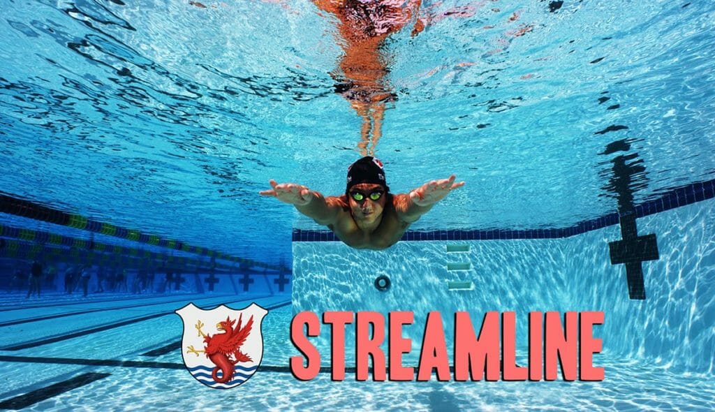The best way to obtain streamline swimming is with the elbows squeezing together behind the head and your shoulders should feel as if they are being pulled out of their sockets.